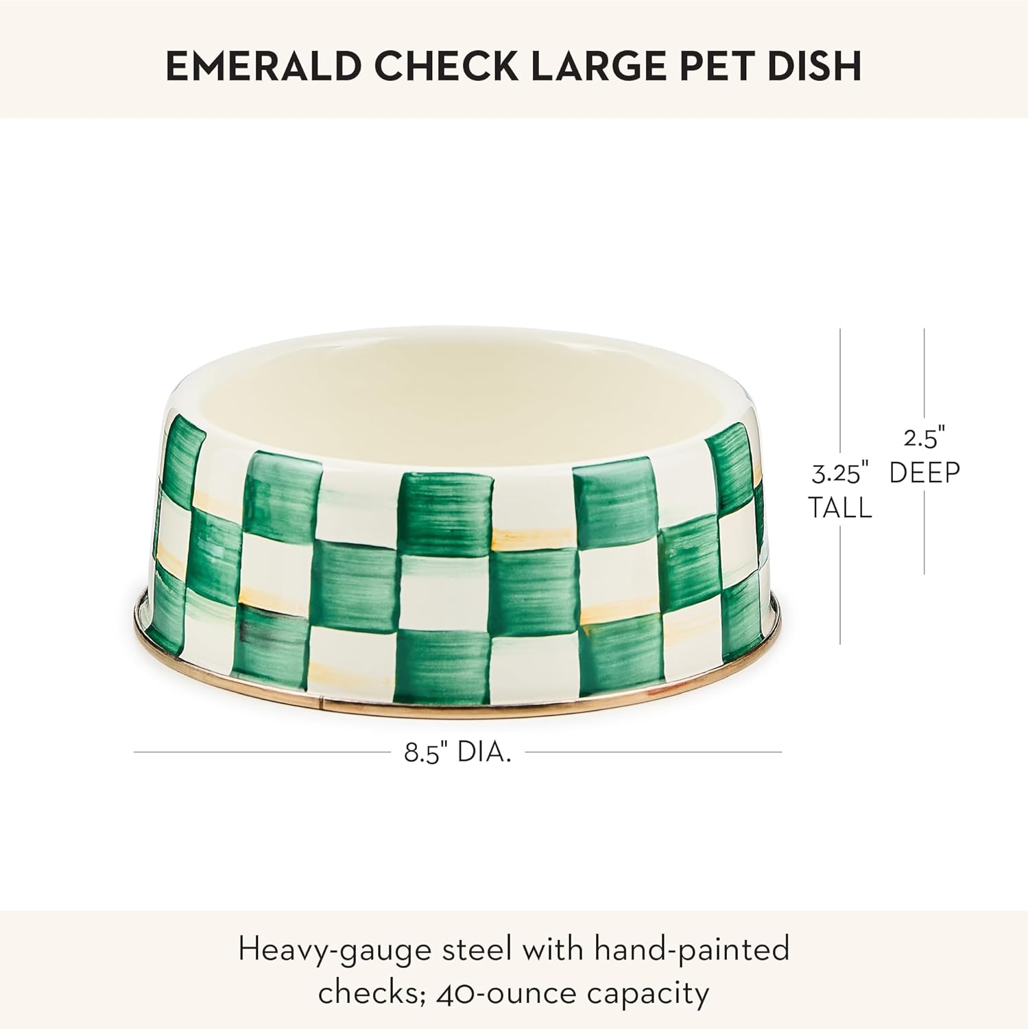 Enamel Pet Bowl – Green-and-White Emerald Check, Large