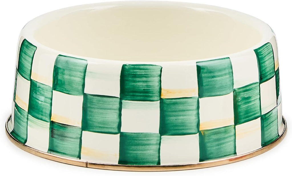 Enamel Pet Bowl – Green-and-White Emerald Check, Large
