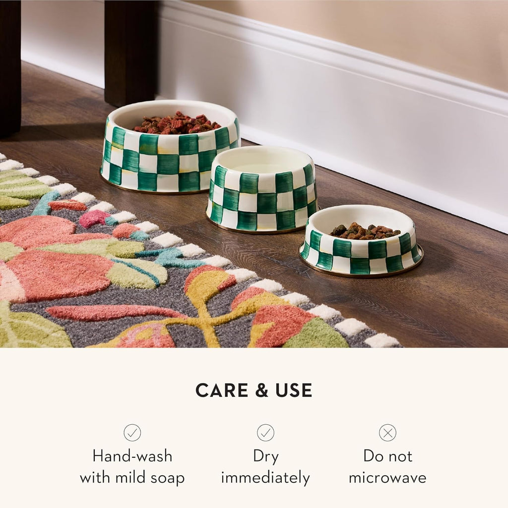 Enamel Pet Bowl – Green-and-White Emerald Check, Large