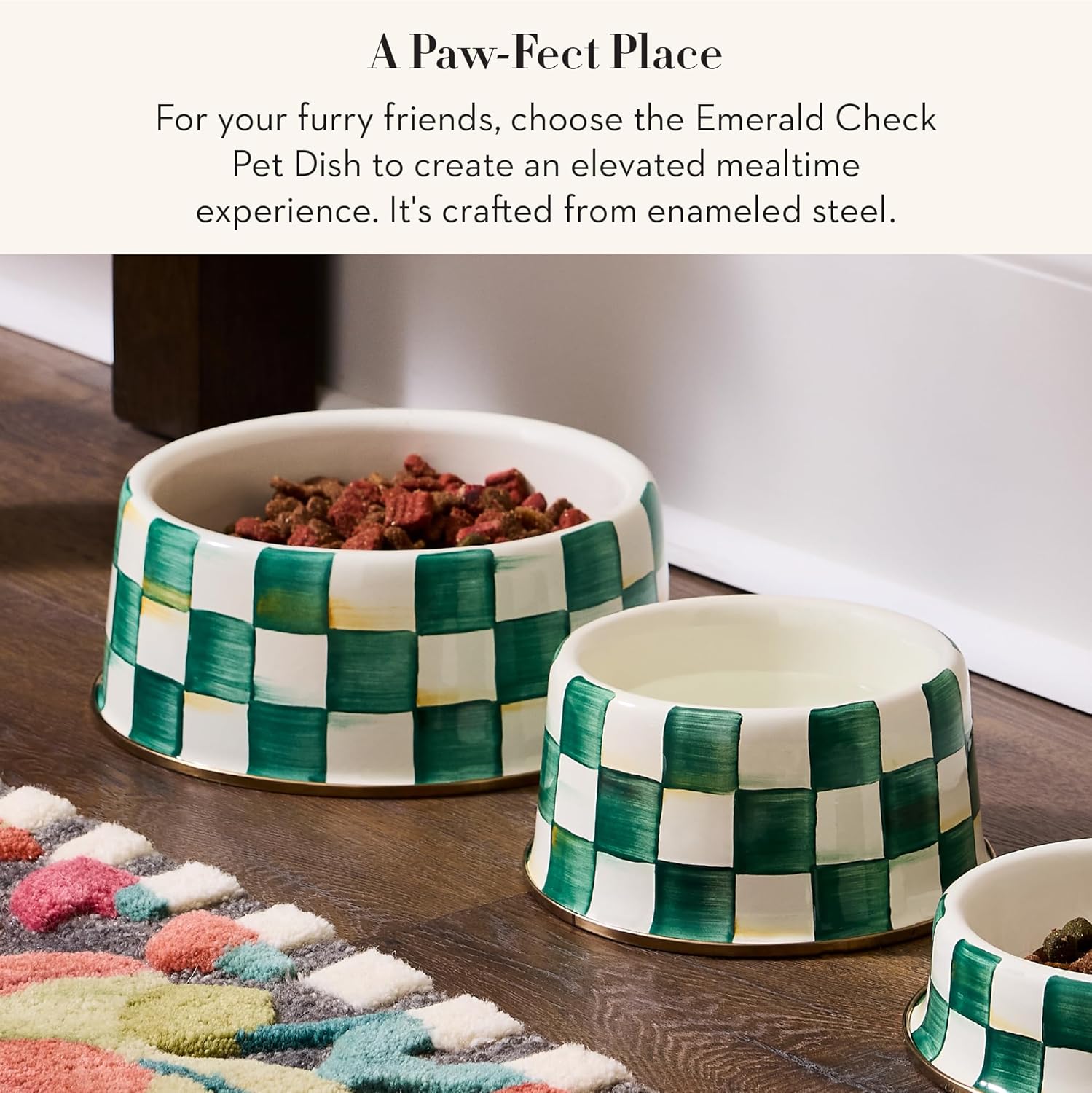 Enamel Pet Bowl – Green-and-White Emerald Check, Large